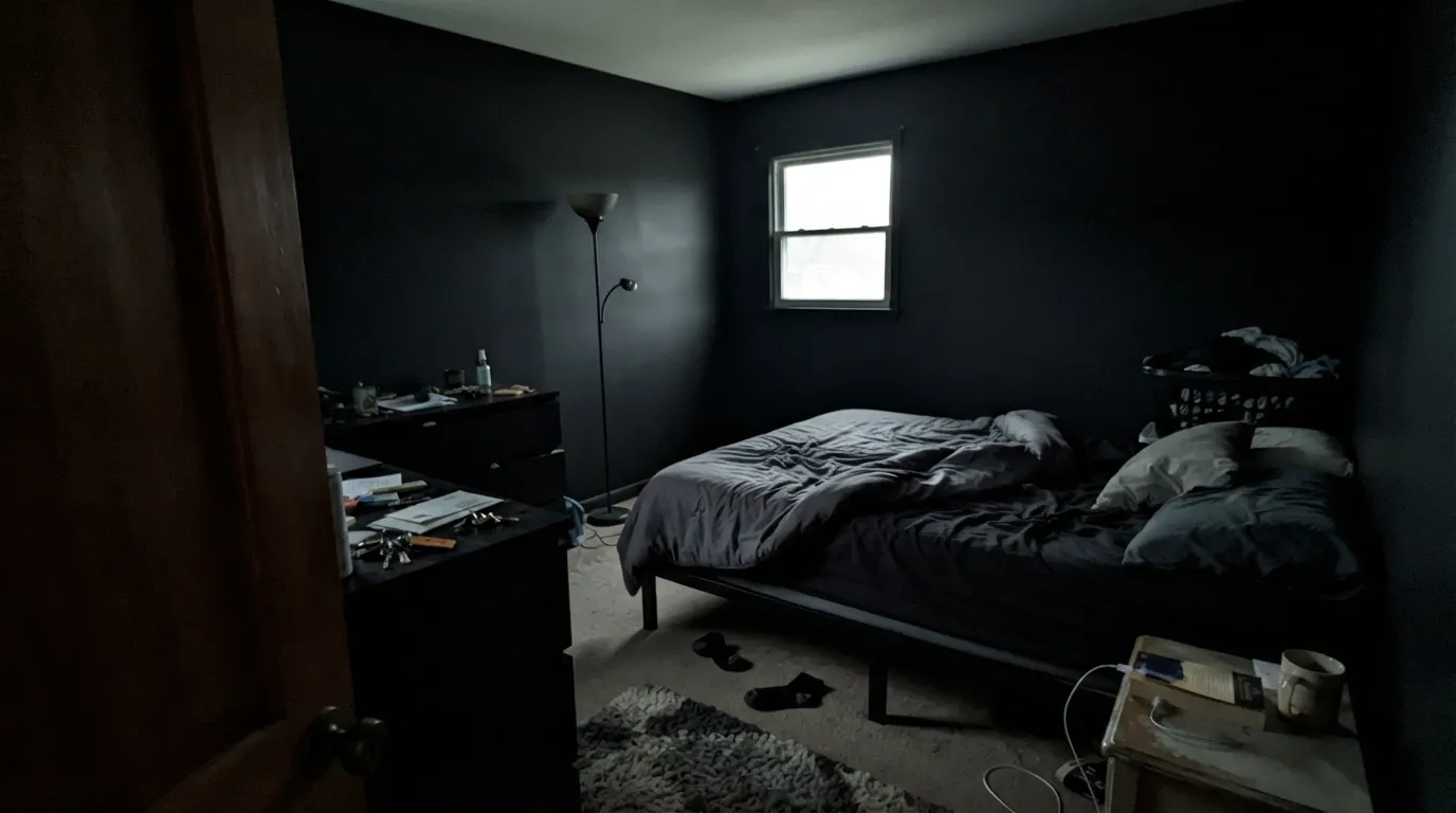 The honest shot: at LRV 4 a dim room gets nothing back. This is the regret people describe — not moody, just unlit by mid-afternoon.