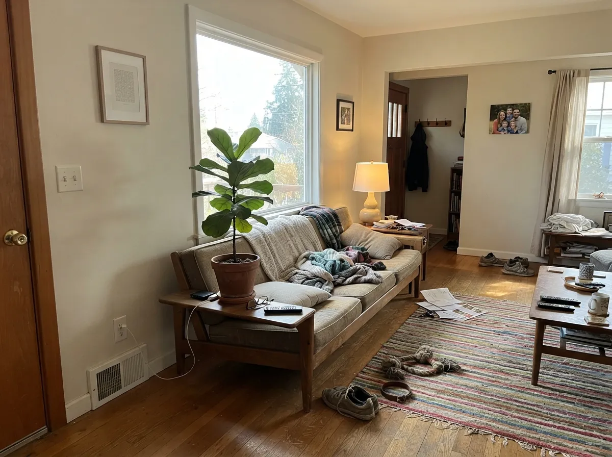 Dove White living room walls in bright south-facing daylight.