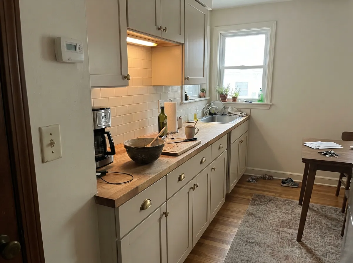 Dove White on kitchen walls and cabinets with brass hardware.