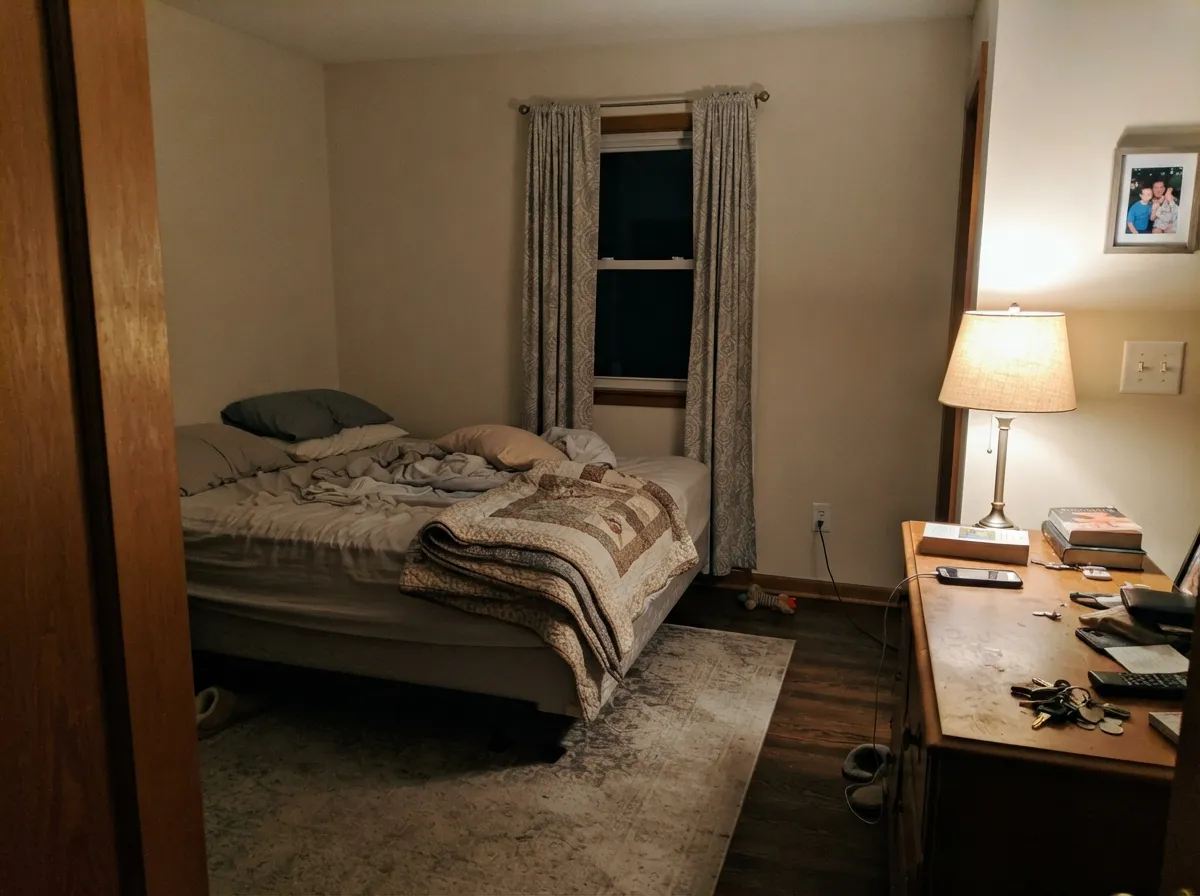 Dove White bedroom walls warmed by lamplight at night.