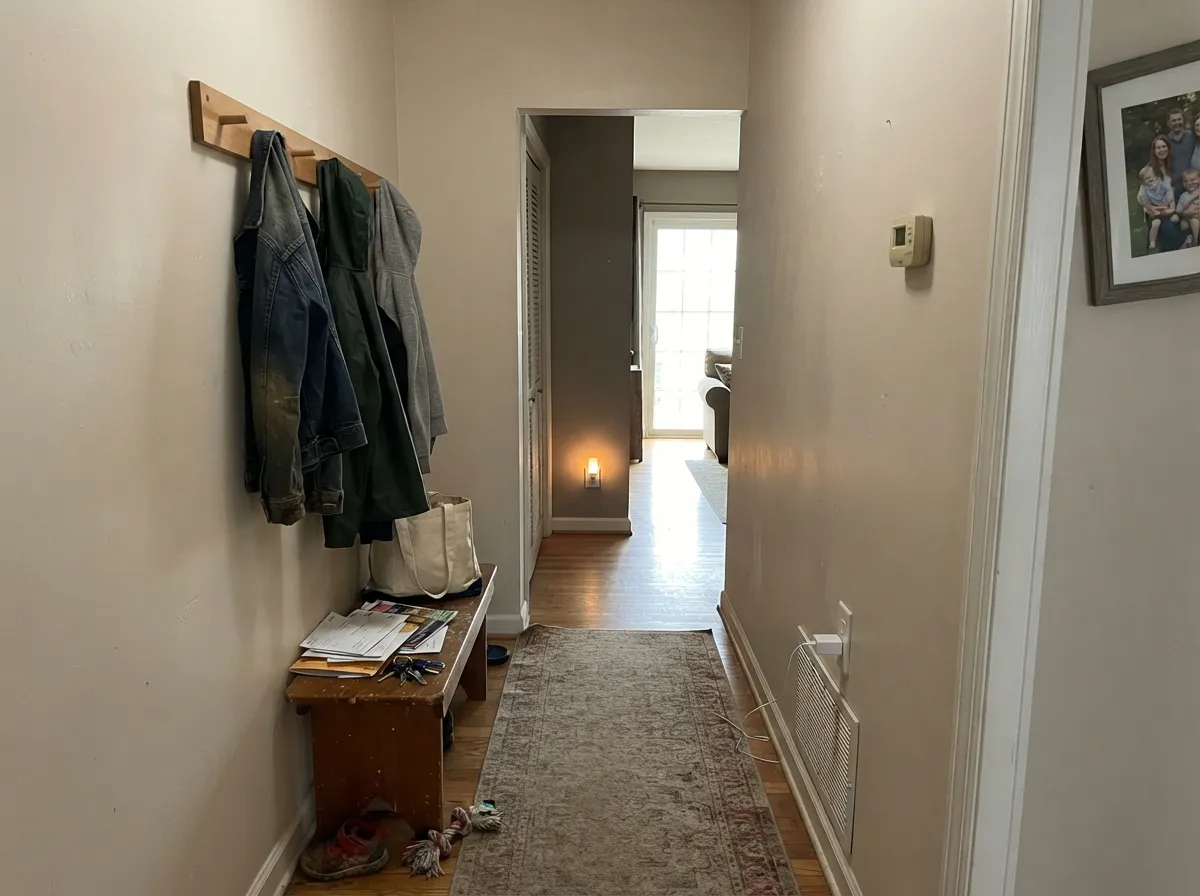 Dove White carrying evenly through a hallway between rooms with different light.