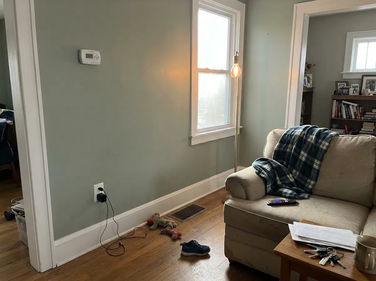 Dove White semi-gloss trim against a muted sage-green wall.