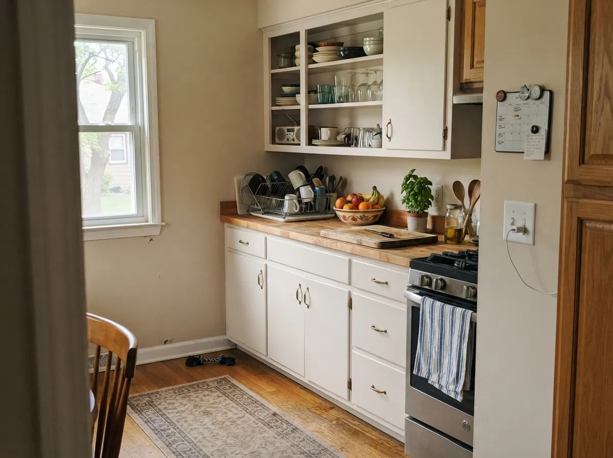 The combination it was built for: cabinets painted with the Cabinet Enamel version of Dove White, warm wood, and brass.
