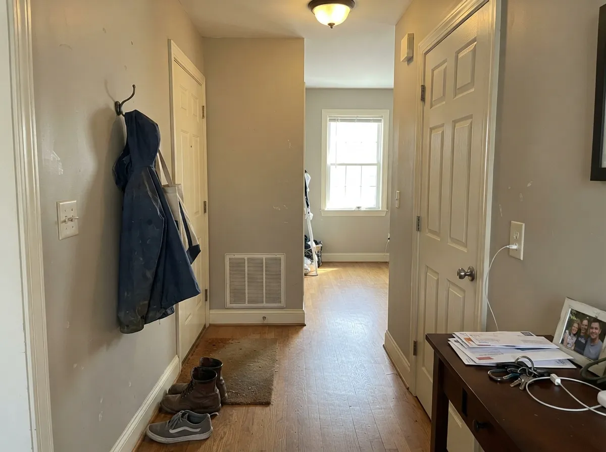 Its second-best job: a soft trim white under a mid-tone greige wall, without the stark cut of a brighter white.