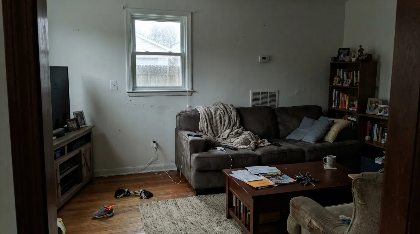 The honest shot: the same paint in cold north light, warmth gone and the wall reading flat and slightly gray — this is where Dove White disappoints.