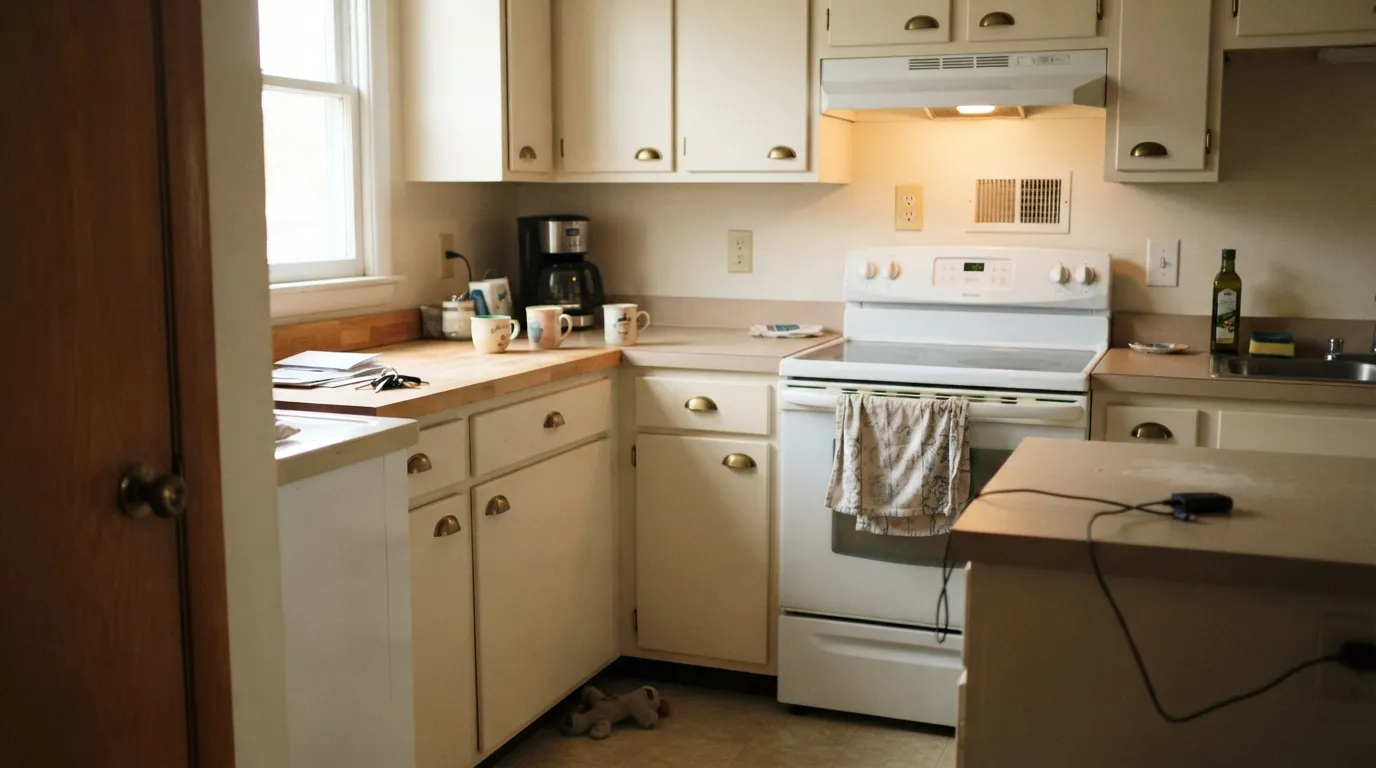Du Jour on cabinets with brass hardware — the pairing it is best known for, warm without going full cream.