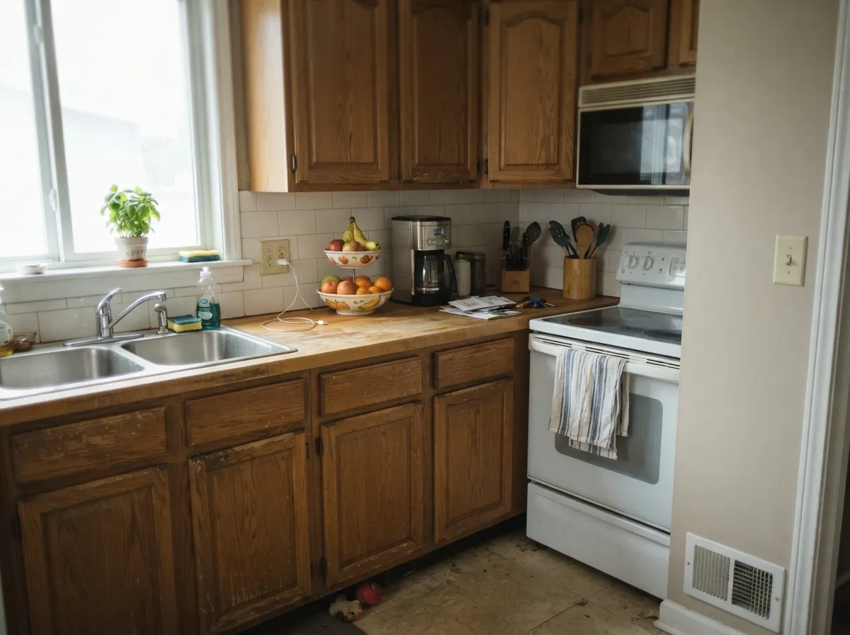 Beside oak cabinets and butcher block, the warm greige settles right into the wood instead of fighting it.