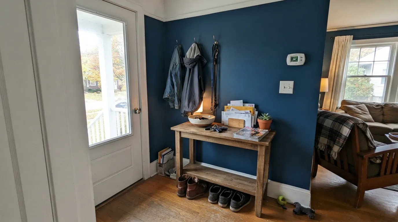 Encore in the room Valspar built the campaign around — with daylight from the door and white trim holding the edges, the blue stays clearly blue.