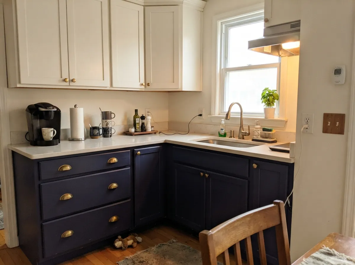Navy below, warm white above, brass pulls — the lowest-risk way to own this color, and the one Valspar itself pushes.