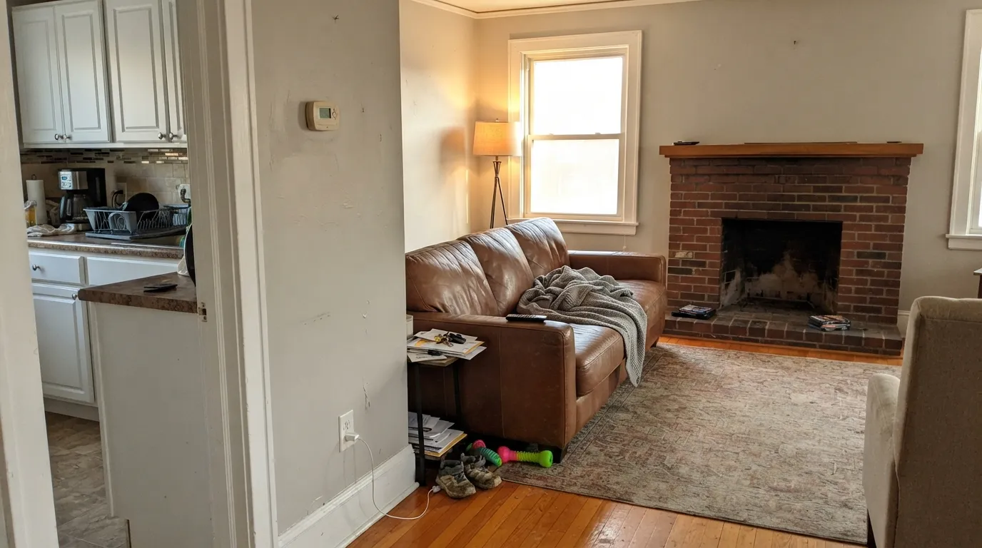 Filtered Shade doing the job Valspar hired it for — a quiet greige that lets oak, leather, and brick be the warm things in the room.