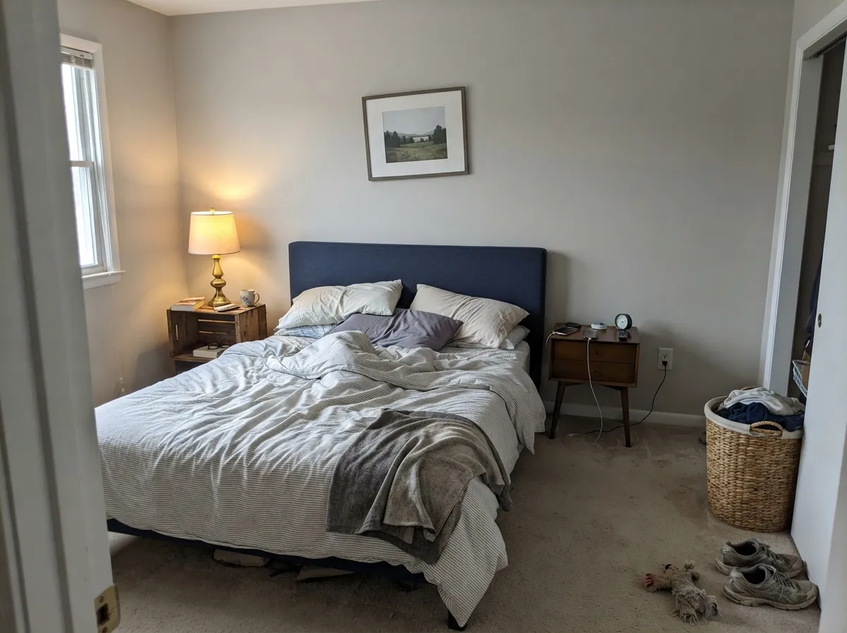 The supporting-role gray: in a morning-lit bedroom Filtered Shade stays clean so the navy headboard and gold lamp can take the lead.