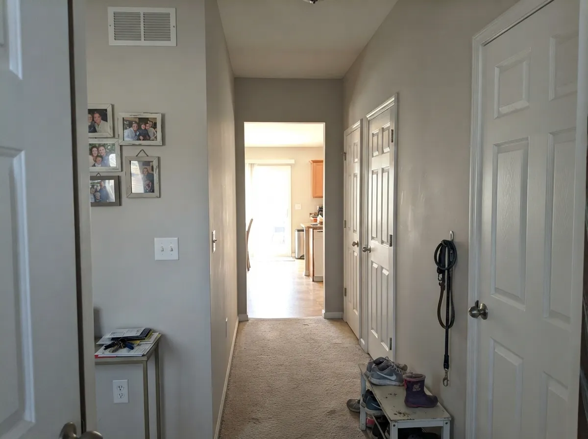The whole-house test: Filtered Shade carries a gray-leaning hall without going blue, and white doors give the quiet gray something to push against.