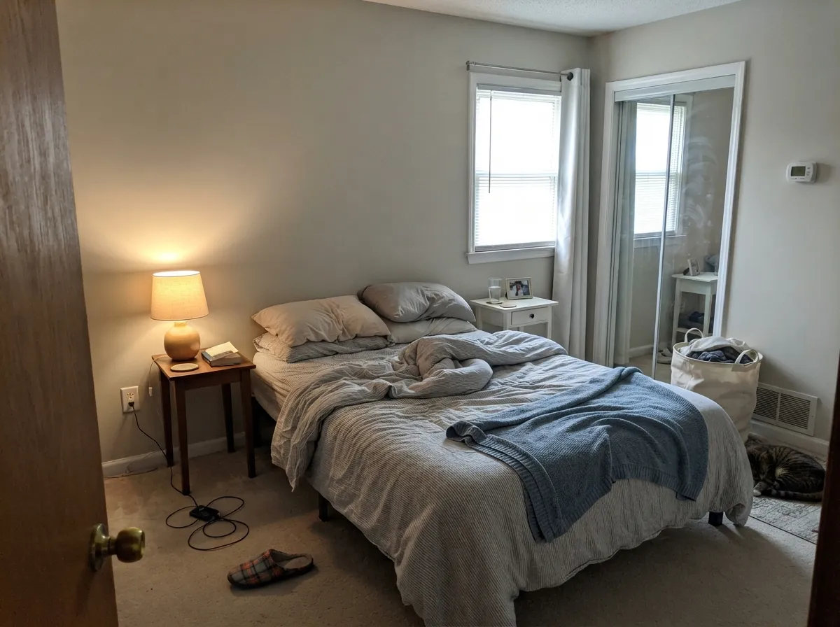 In a morning-lit bedroom the greige stays soft — no pink, no green, just a quiet warm-gray that the lamps keep from going flat.
