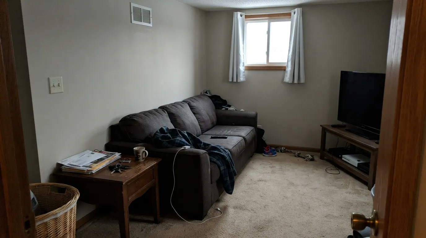 The honest shot: in a dim north room with no lamps, the warmth drains out and Goose Feathers goes drab gray — the exact situation the bad reviews describe.