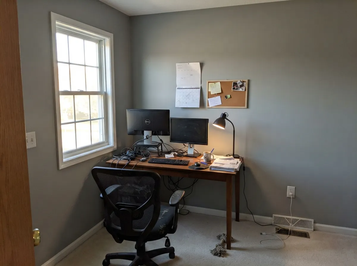 The office job: at LRV 48.1 Granite Dust has enough body to look decided on camera without swallowing the room — keep a real window and a warm lamp.