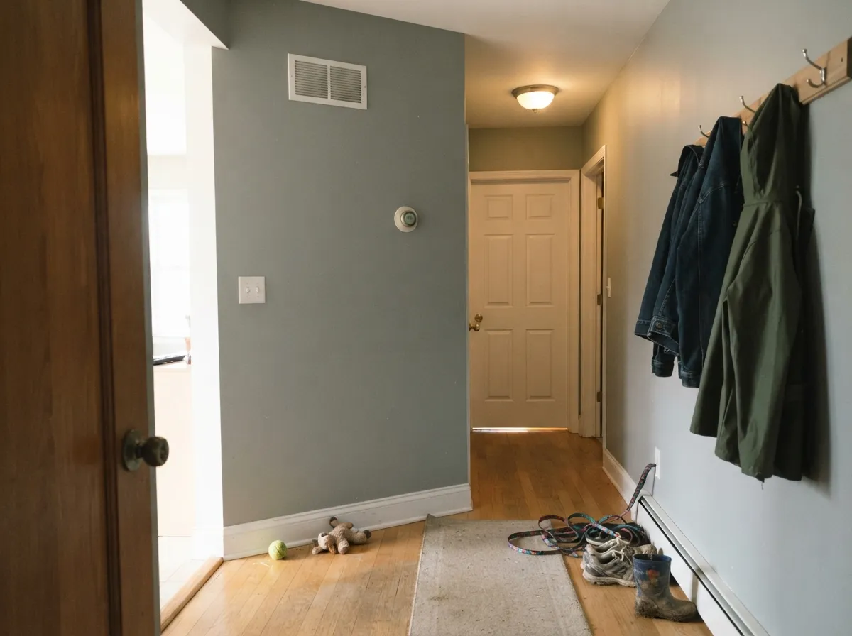 The connector test: hallways are where Granite Dust earns its keep as a true gray, handing off room to room without the beige of a greige.
