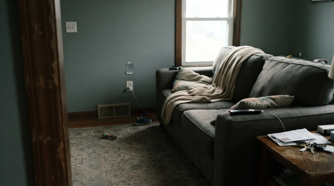 The honest shot: cool north light strips the yellow-green and Granite Dust goes blue-gray — the shift a Houzz owner described after the walls had been up a while.