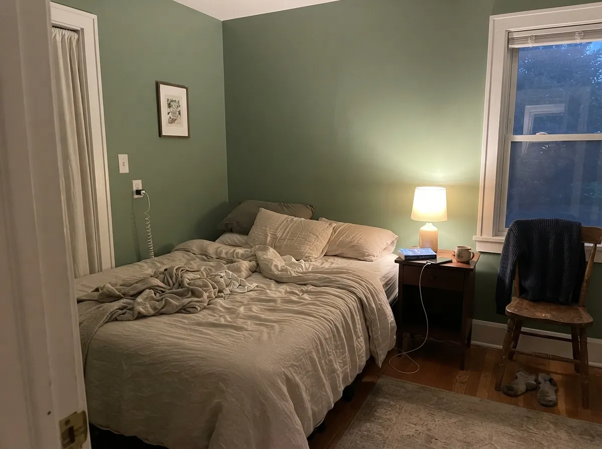 Under a warm 2700K lamp at night the green shifts a little toward olive and turns cozy — the shift most owners say sold them on it.