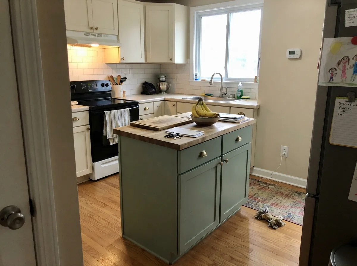 On an island in satin enamel it reads like a lighter, friendlier cabinet green — cream cabinets and brass are its easiest company.