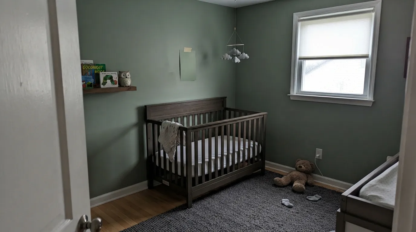 The honest shot: the chip on the wall is lighter than the wall itself. In a small dim north nursery, LRV 43.3 lands a full step deeper than people picture, and cool light drains the yellow out until the green goes flat.