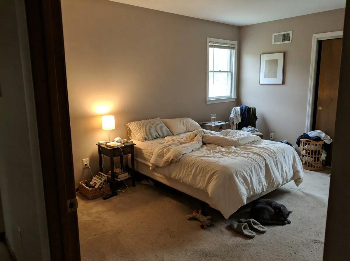 At night the brown comes forward — a restful bedroom taupe, as long as the bulbs stay warm.