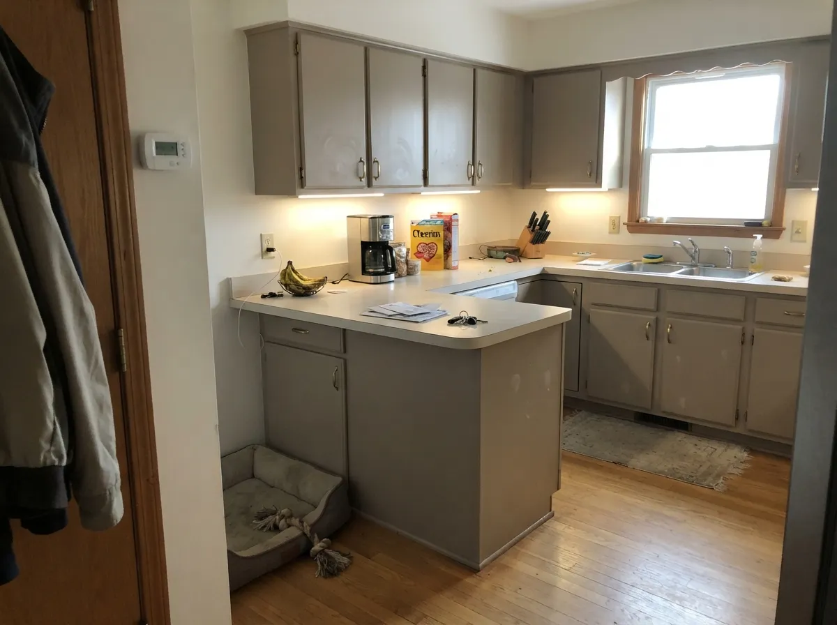 Satin Ivory Brown on cabinets under Soft Wool walls — the custom look Valspar kept staging, still brown-taupe in real kitchen light.