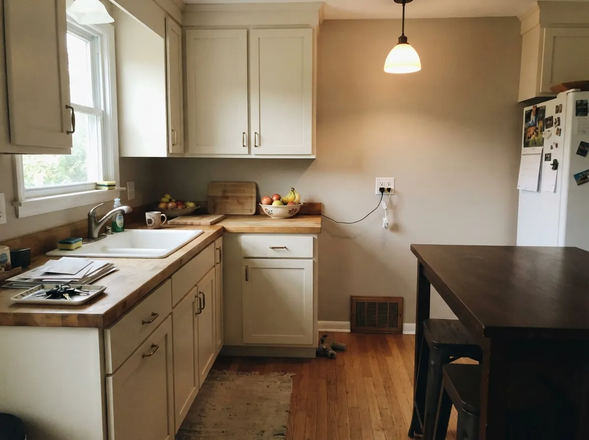 On kitchen walls the beige-taupe warms the wood and brass without going yellow — this is the company it was mixed for.