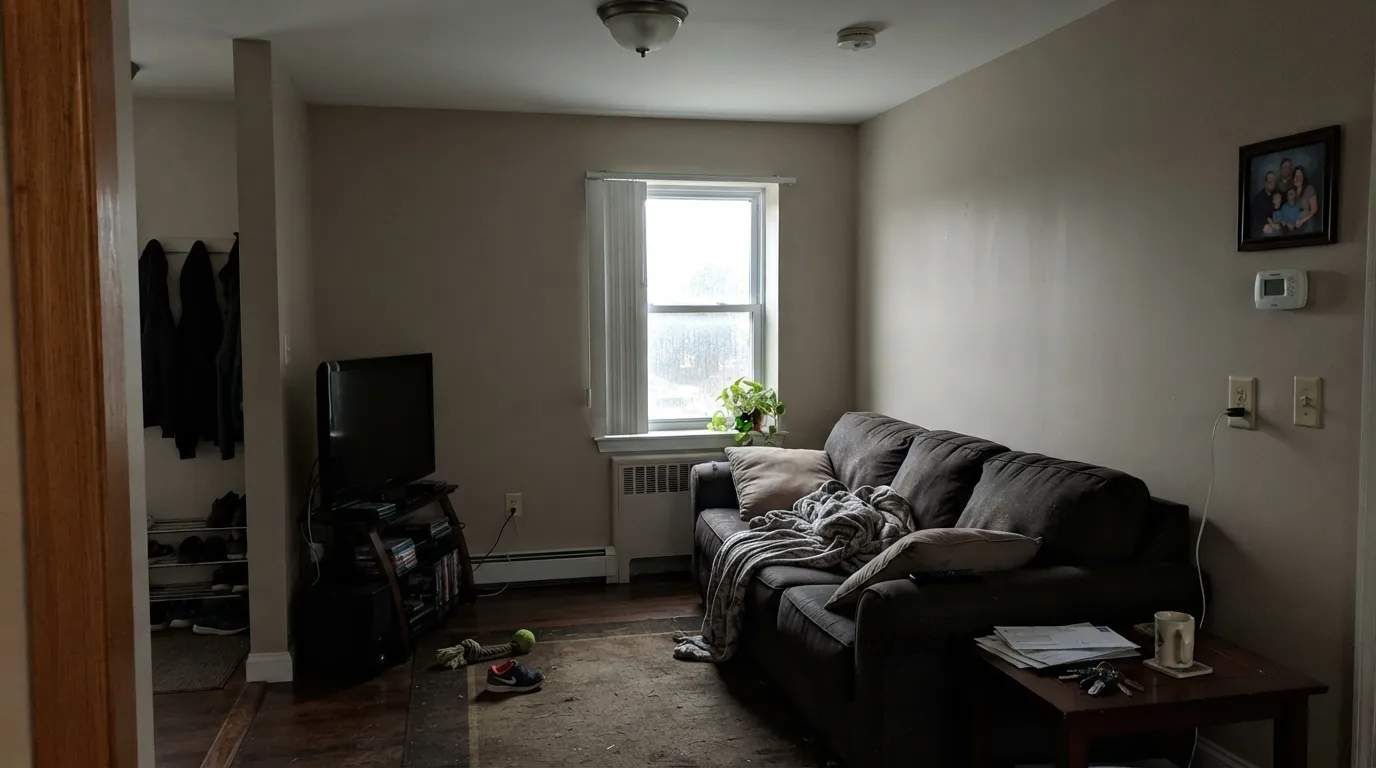 The honest shot: in a dim north room with no lamps, the warmth drains out and Perfect Backdrop goes drab beige-gray — the exact situation that kills this color.