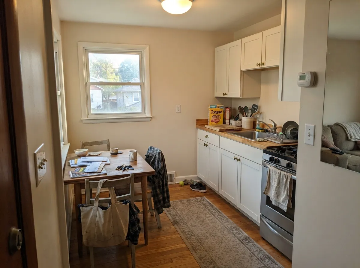 Kitchen walls in Quail Egg against Dove White cabinets and oak — the beige stays a backdrop, not a yellow cream.