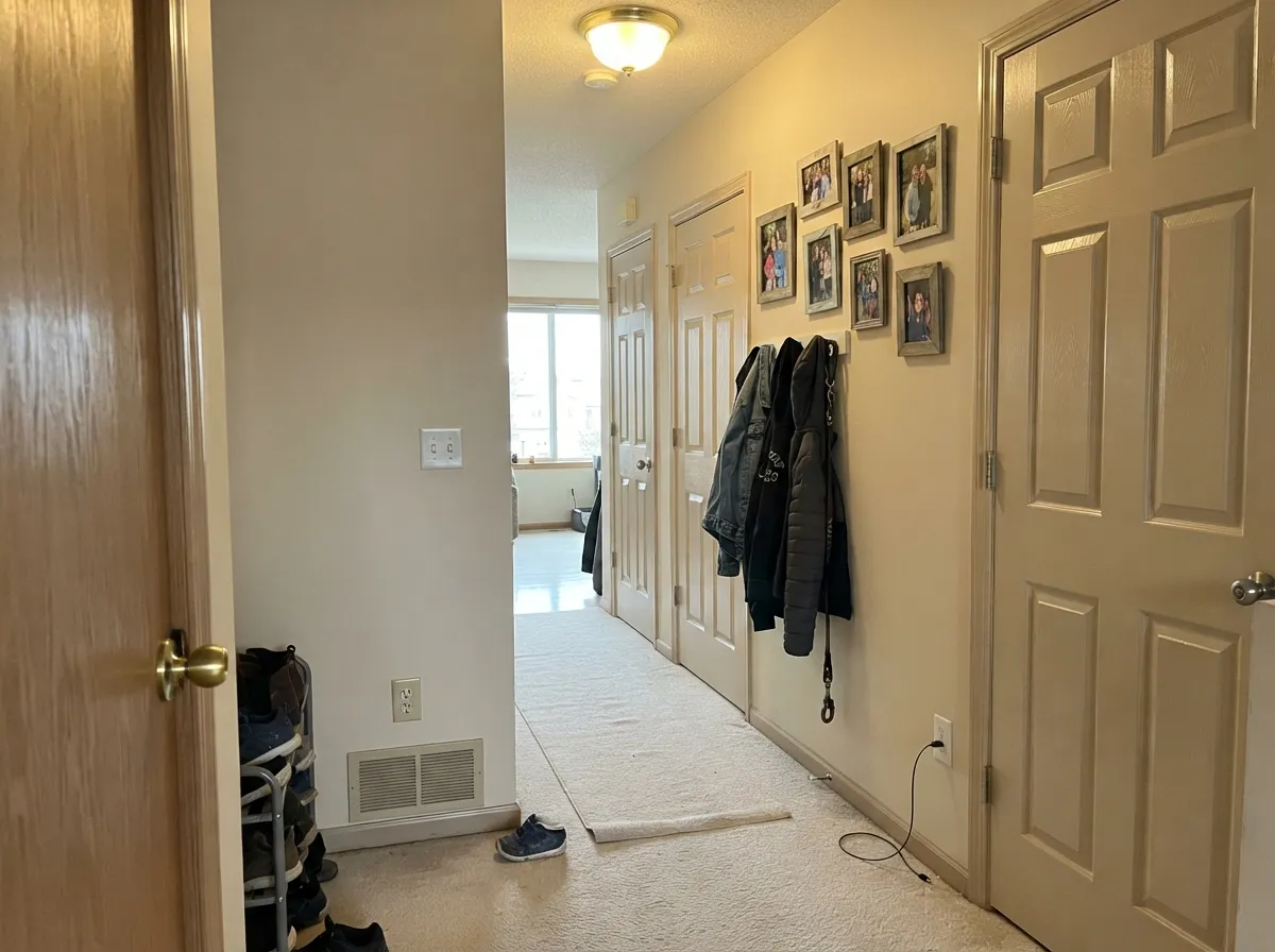The whole-house test: hallways are where Quail Egg earns the makeover reputation, carrying room to room without clashing.