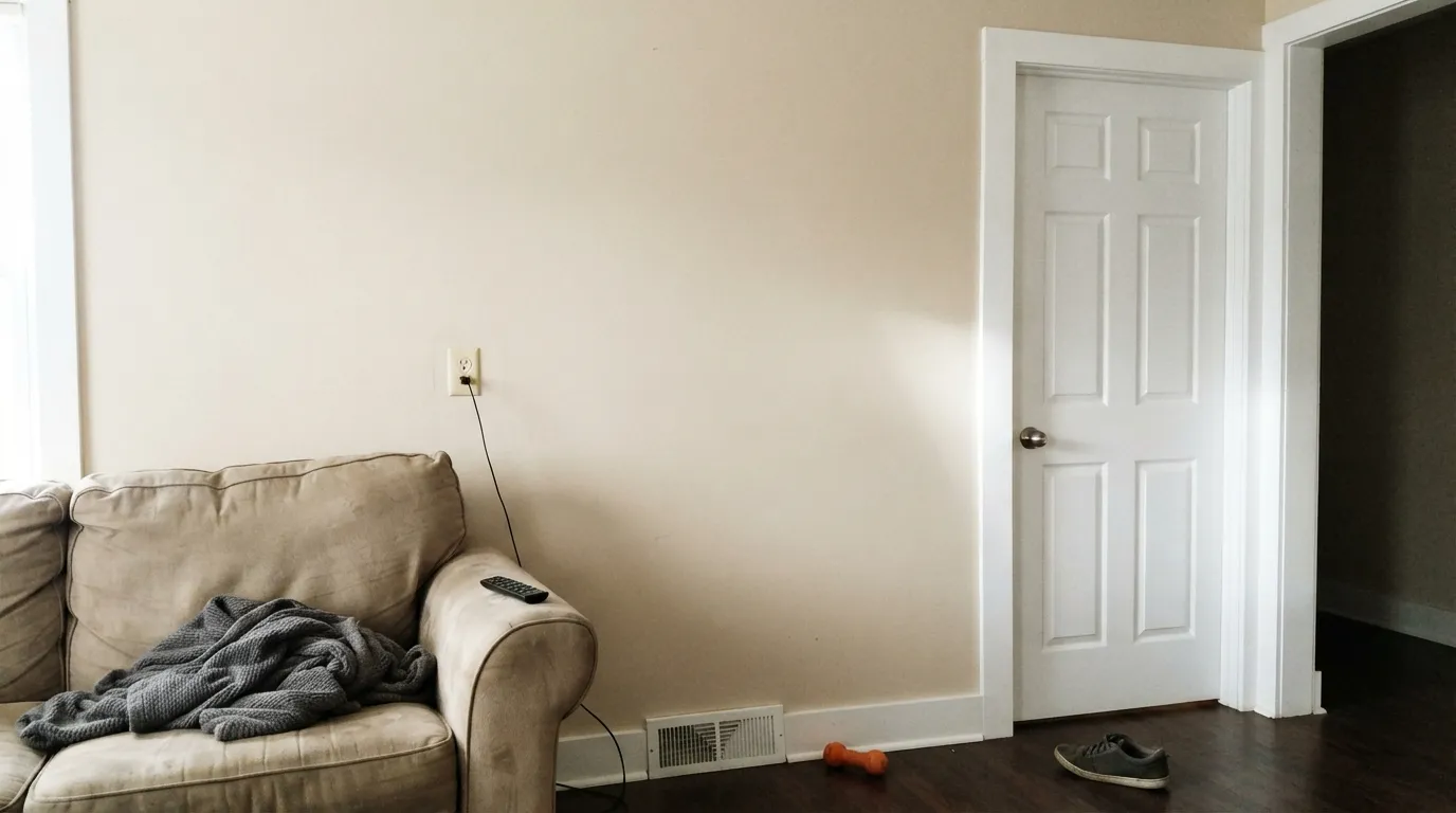 The honest shot: Quail Egg walls against Ultra White trim — the true white wins and the beige looks dirty, the exact pairing mistake in the one-star photos.