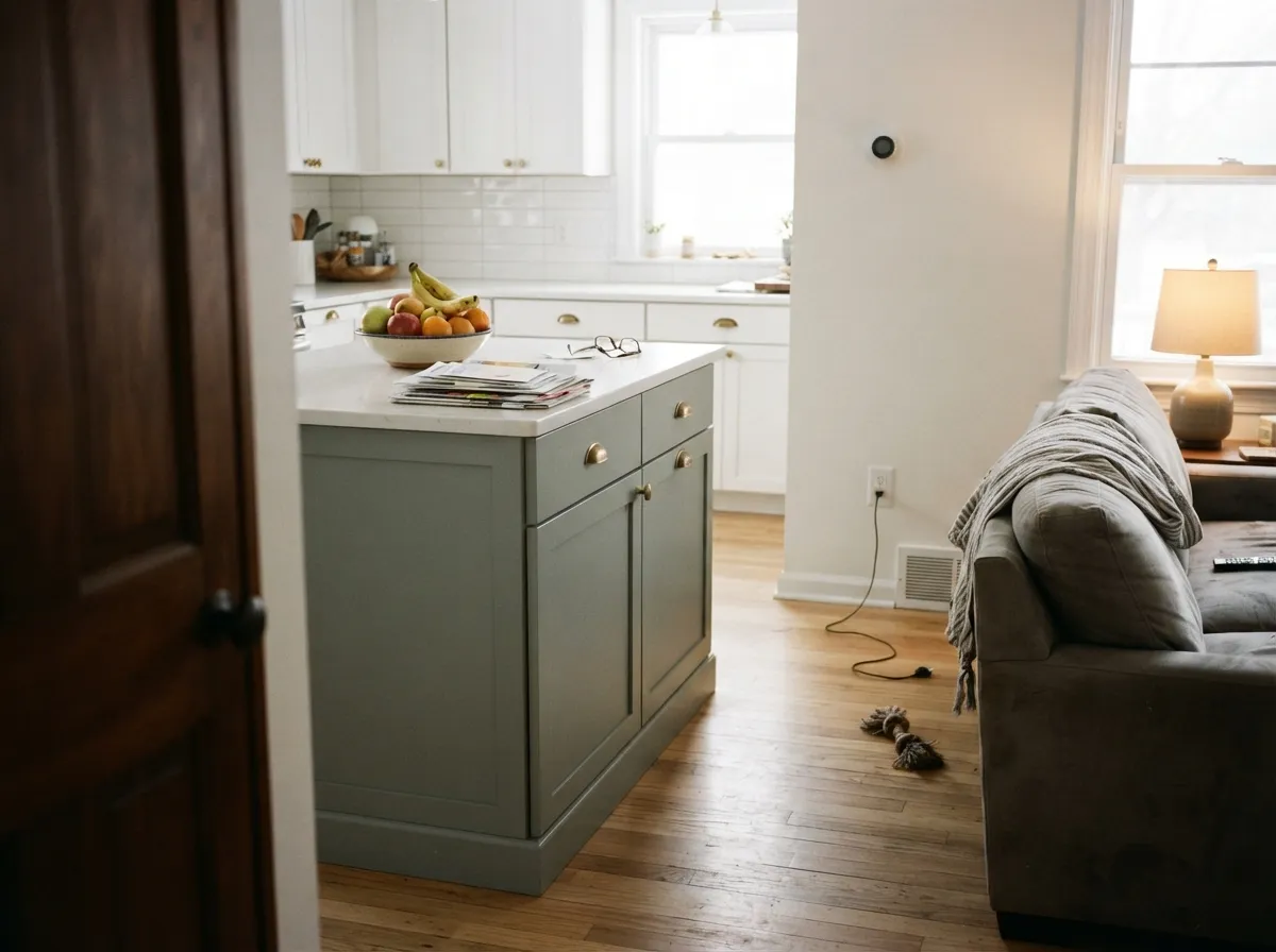 On an island against white walls, the sage reads charming instead of risky — the job it does best in a kitchen.