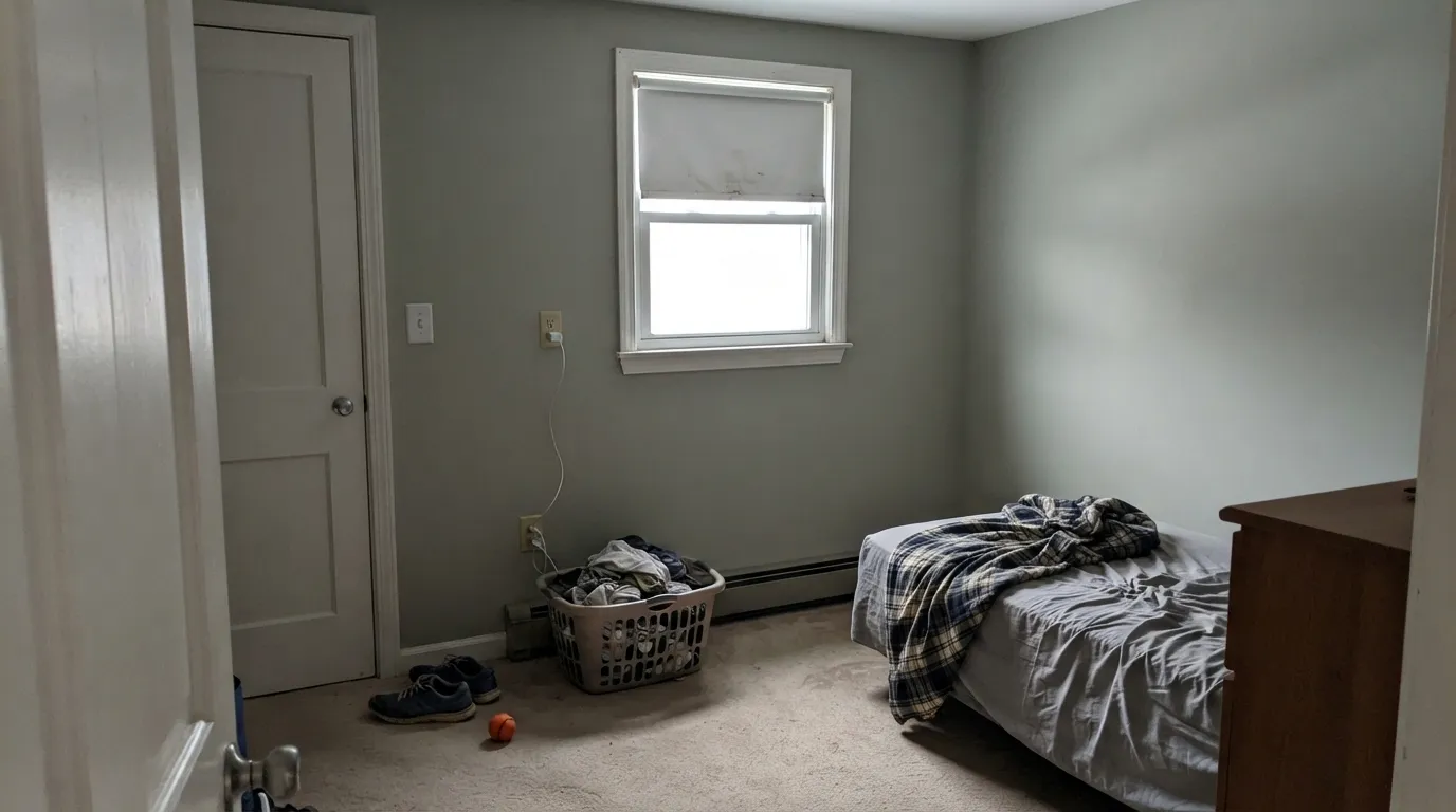 The honest shot: flat overcast light with no warm bulbs, and the sage disappears entirely — this is the situation behind every "it just looks gray" review.