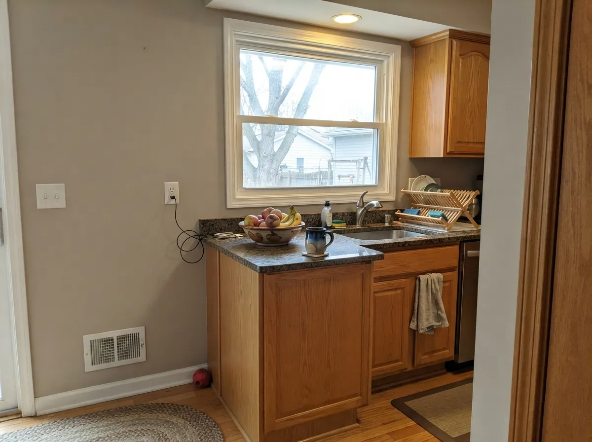 Against wood cabinetry and warm stone the greige looks deliberate — its strongest indoor pairing.