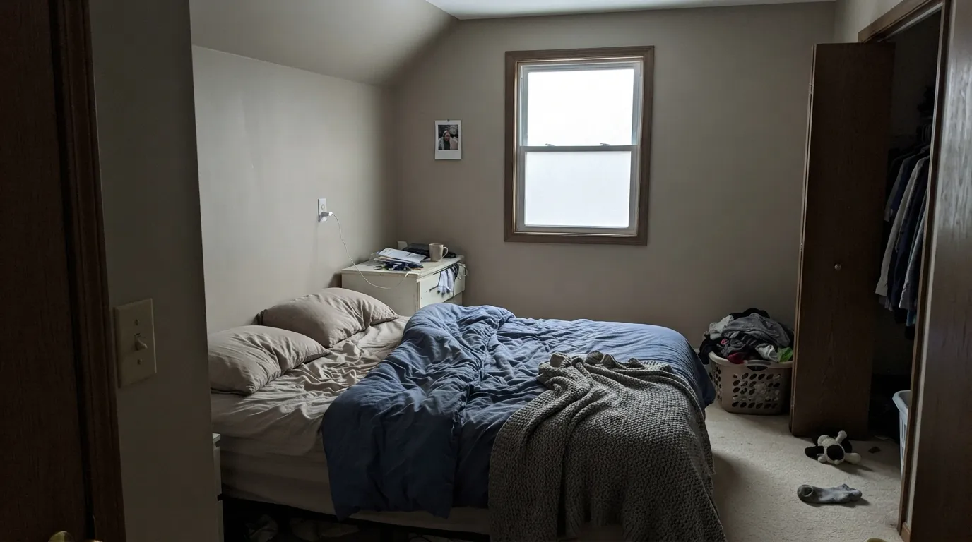 The honest shot: a dim north room with no warm light drains the color to a flat, muddy gray — the situation behind most disappointed reviews of this whole color family.