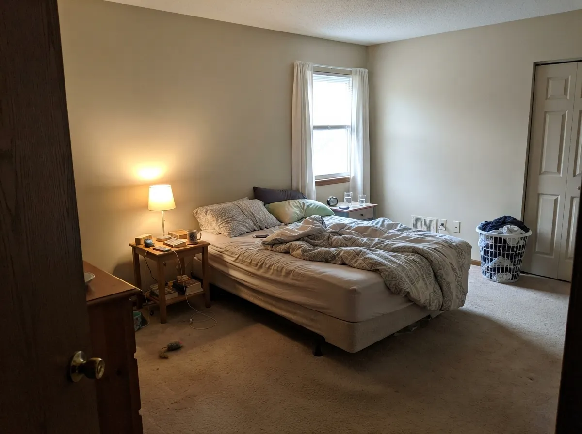 In a morning-lit bedroom the sand stays soft — no yellow beige, no cold gray, just a quiet greige the lamps keep from going khaki.