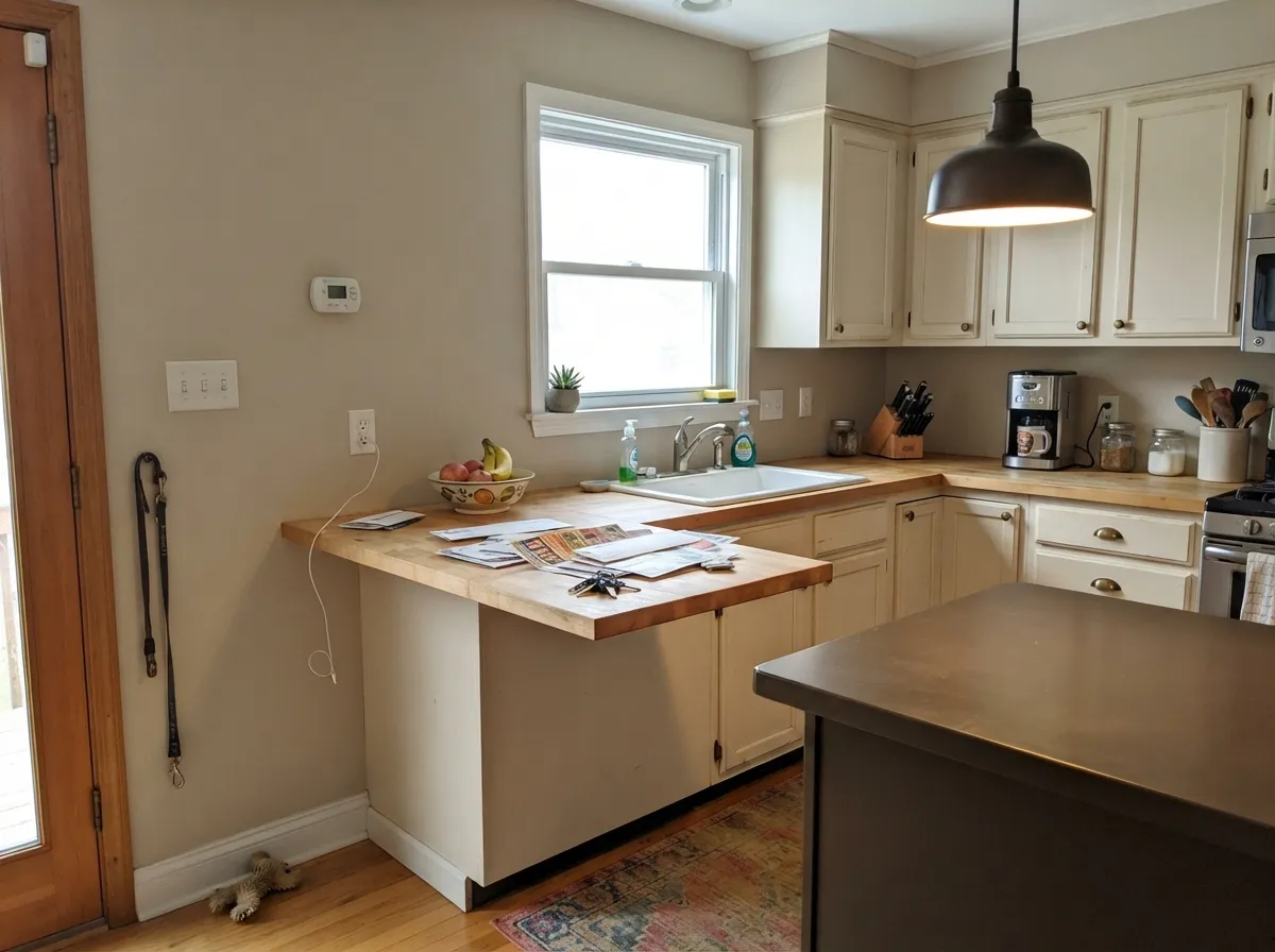 On kitchen walls the sandy greige warms the wood and brass without going yellow — this is the company it was mixed for.