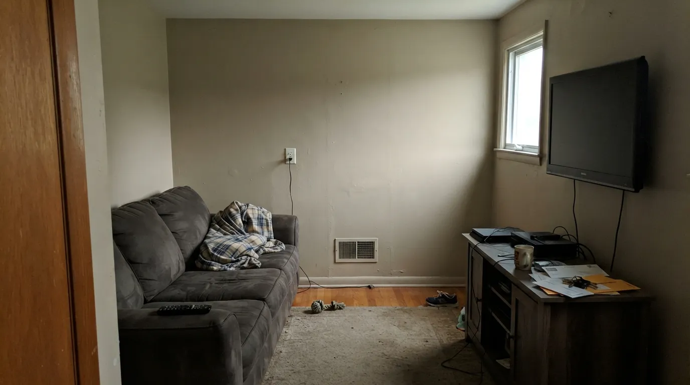 The honest shot: in a dim north room with no lamps, the sand drains out and Soft Pelican goes khaki-gray — the exact cool-light failure the yellow-green undertone predicts.