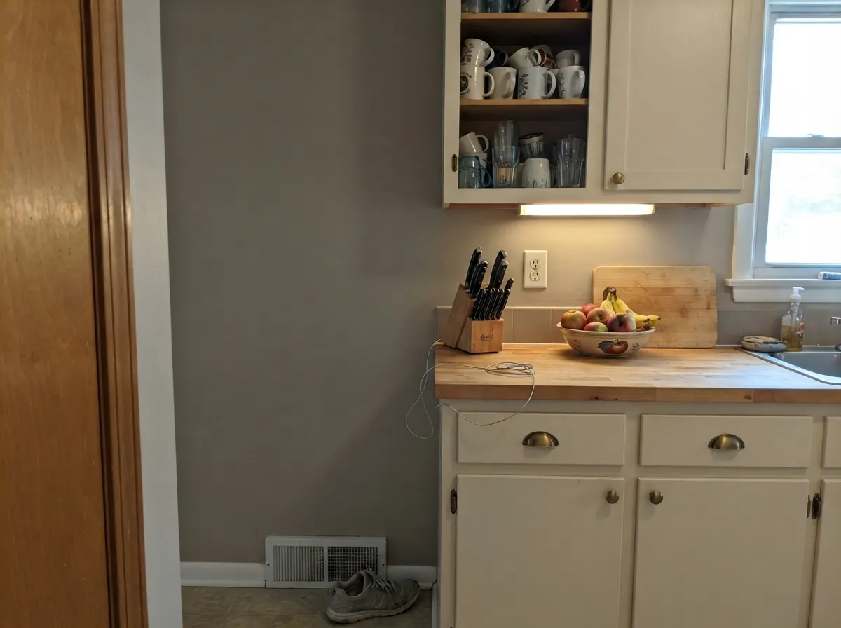 Its best job: cabinets against warm greige walls, brass hardware, and butcher block — the color disappears into the room instead of announcing itself.