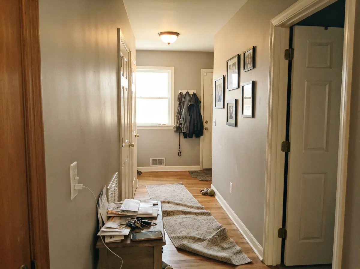 As trim against a warm greige wall, it softens the contrast instead of cutting it — a quiet, dependable role.