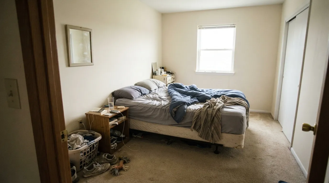 The honest shot: in a dim north room with no lamps, the warmth drains out and it goes flat gray — sample here before you commit a whole room.