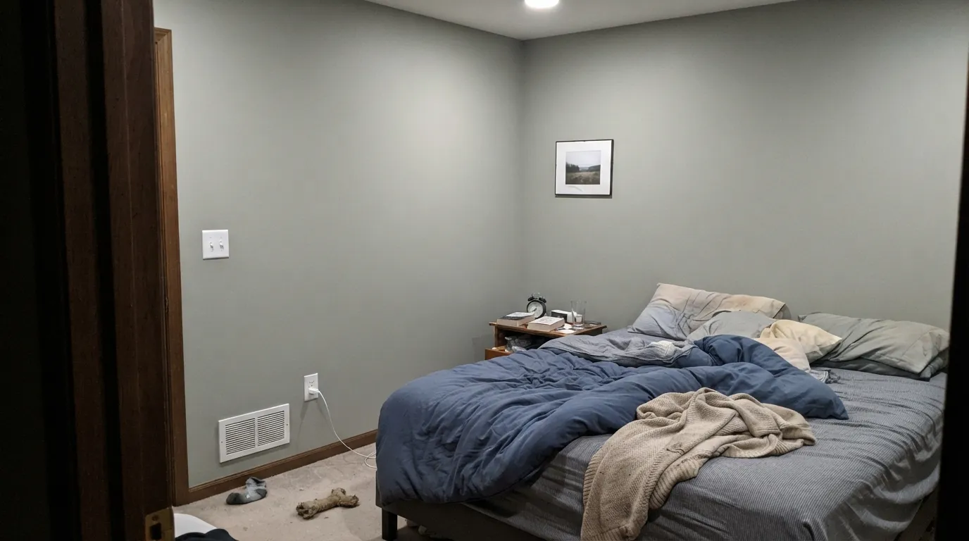 The honest shot: cool north light plus cool LEDs and the sage all but disappears, leaving plain gray — the exact complaint behind every "it just looked gray" review.