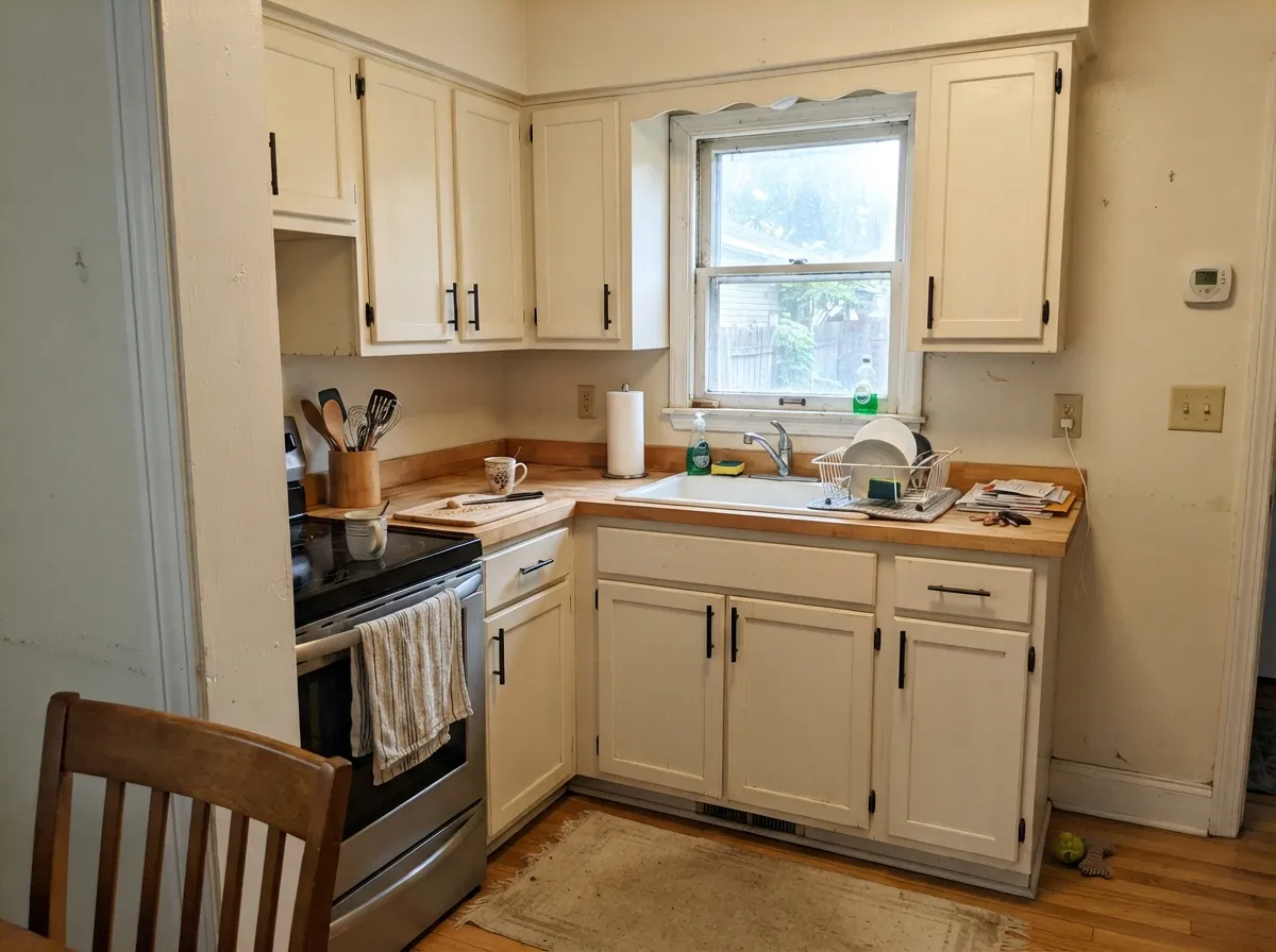 Its best room: warm butcher block and black hardware against a cabinet white that hides fingerprints instead of showing every one.