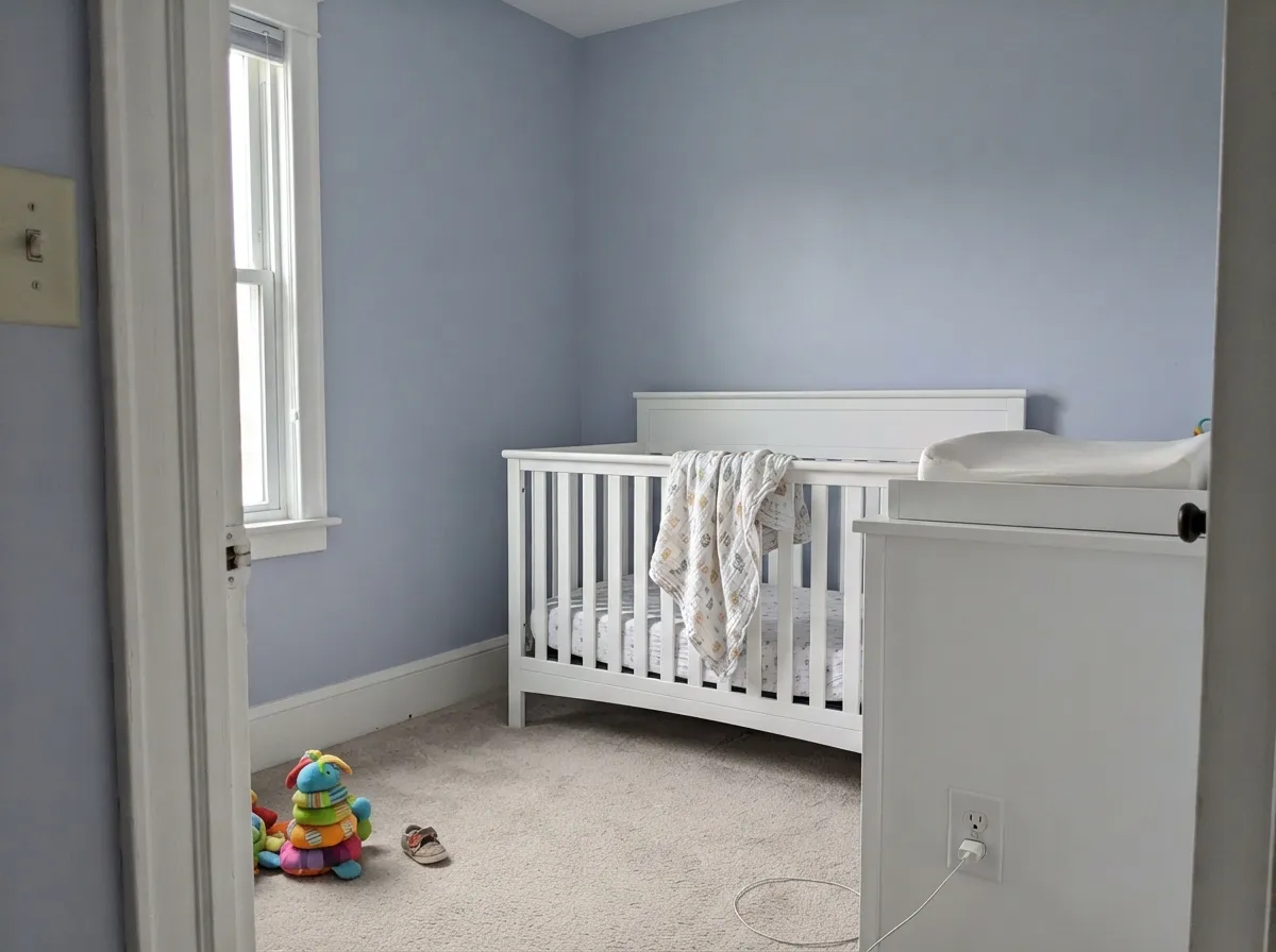In a nursery the pastel stays airy — colored enough to feel chosen, light enough not to cave in.