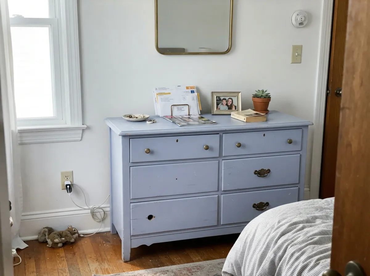 The low-commitment version: satin Twilight Mist on a dresser reads custom, not a themed pastel room.