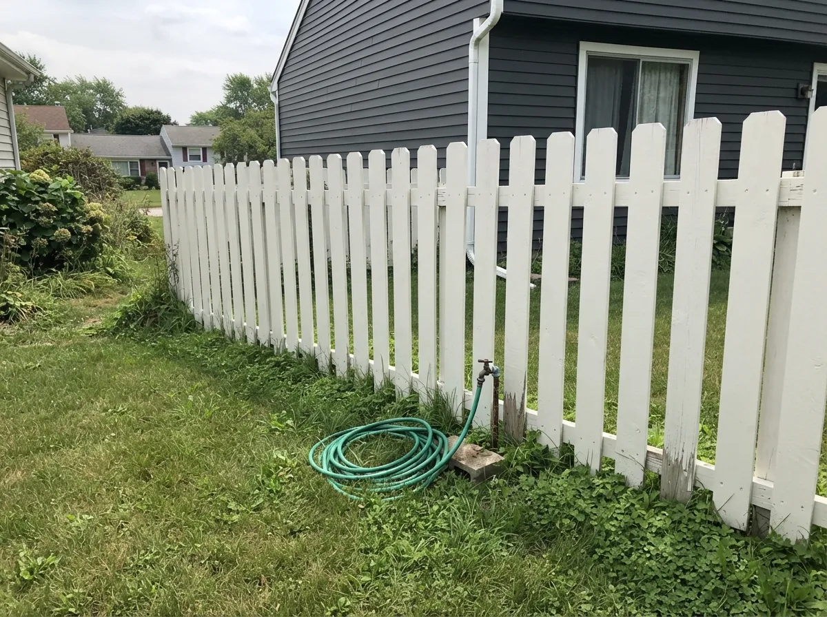 The picket-fence job: with dark siding behind it the white reads deliberate — and the dirt line at the bottom rail is the real maintenance story.