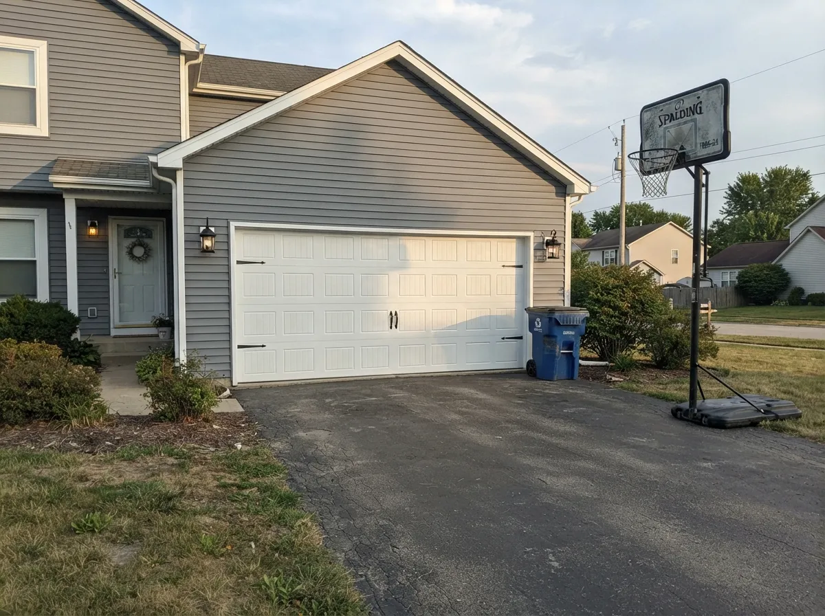 Garage door and surrounding trim in the same white, over gray siding — the door reads as part of the frame instead of a floating white rectangle.