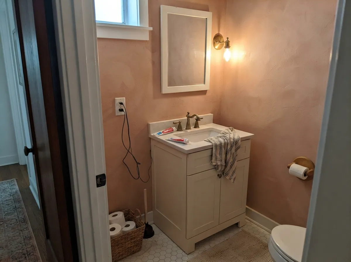 The low-risk drench — a powder room takes the clay-pink as jewel-box plaster instead of a peach living room.