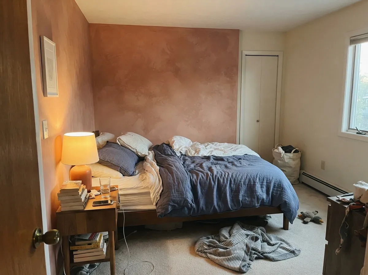 A headboard wall under warm lamps — the plaster read at night, not four walls of peach.