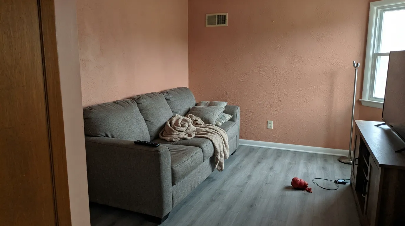 The honest shot: cool north light and four walls turn the terracotta blush into peach-salmon — the chip looked like plaster, the room does not.